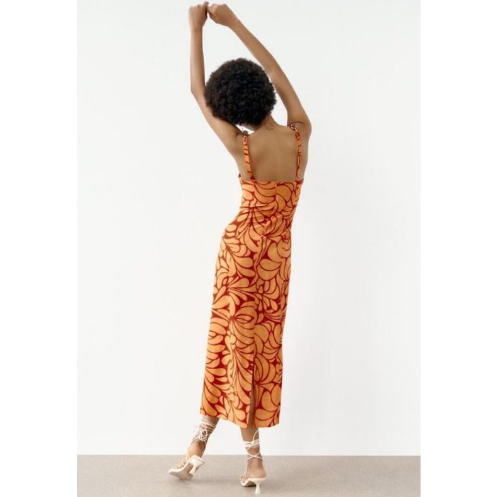 Zara Orange Patterned Midi Dress - Picture 5 of 14